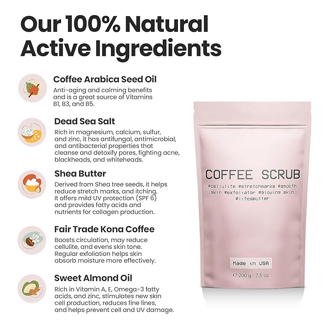 Life's Buttter Exfoliating Coffee Scrub with Natural Arabica Coffee Effective Against Cellulite, Stretch Marks, Scars and Acne | Organic Shea Butter and Sweet Almond Oil-Velvo Beauty
