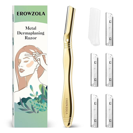 Dermaplane Razor for Women Face with 6 Refill Blades, Dermaplaning Tool Face Razors for Removes Facial Hair, Peach Fuzz, Reusable Metal Handle Eyebrow Razor (Royal Gold)-Velvo Beauty