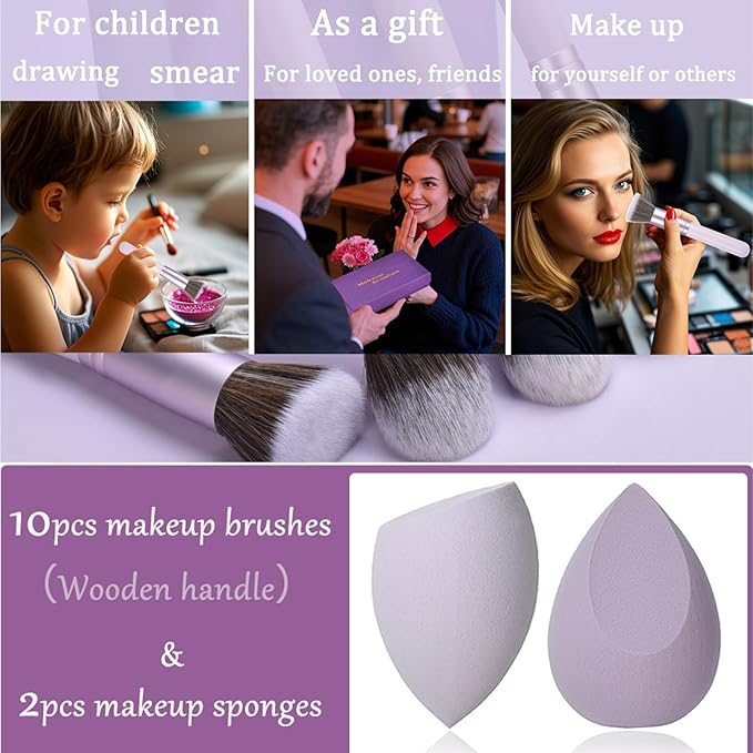 Gift Ready 10 Piece Purple Makeup Brushes Set and 2 Piece Makeup Sponge – Wooden Handle with Soft Synthetic Bristles, Concealer, Powder – (Ideal for Christmas, Birthday, Women)-Velvo Beauty