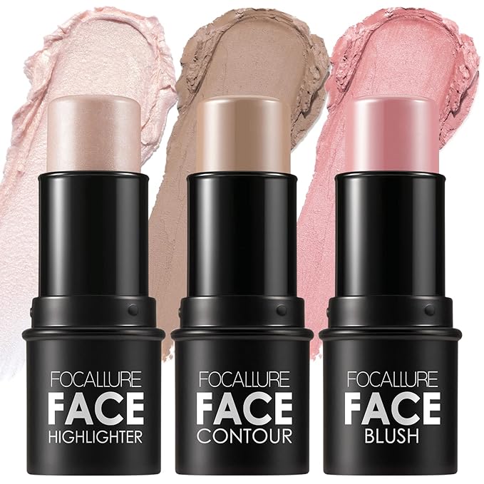 FOCALLURE 3 Pcs Cream Contour Sticks,Shades with Highlighter & Bronzer & Blush,Non-greasy Long-wear Face Contouring Pen,Easy to Sculpt the Face and Create a Lightweight Finishing Makeup,FAIR-Velvo Beauty