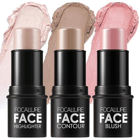 FOCALLURE 3 Pcs Cream Contour Sticks,Shades with Highlighter & Bronzer & Blush,Non-greasy Long-wear Face Contouring Pen,Easy to Sculpt the Face and Create a Lightweight Finishing Makeup,FAIR-Velvo Beauty