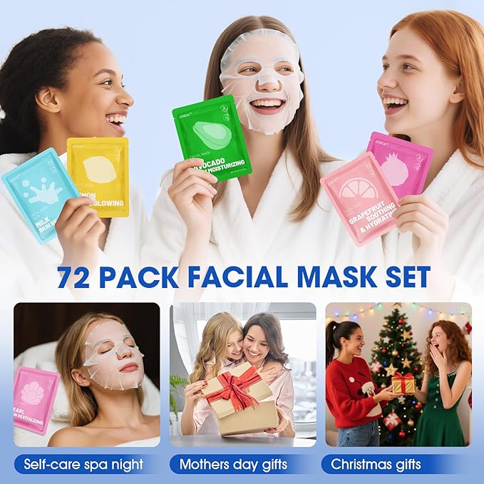 72 Pack Collagen Face Masks Skincare Set for Women, Hydrating & Moisturizing Face Mask for Skin Care, Bulk Sheet Face Masks for All Skin Types, Spa Party Gifts for Women-Velvo Beauty