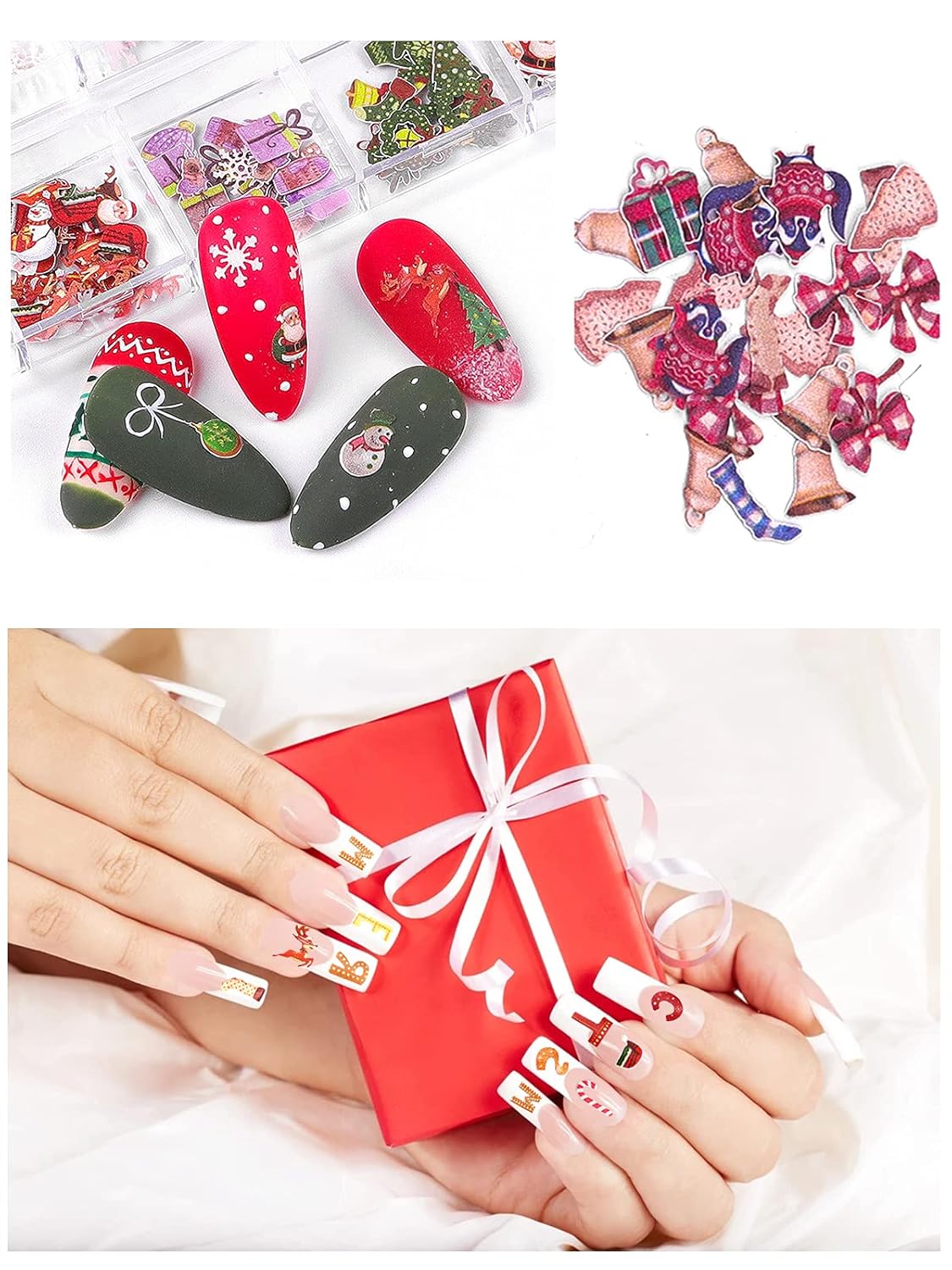 Kalolary 2 Boxes Christmas Nail Art Sequins Sticker, 3D Santa Claus Snowflake Elk Decals for Acrylic Nails, Christmas Tree Wood Pulp Glitter Flakes for Winter Nail Art Decorations-Velvo Beauty