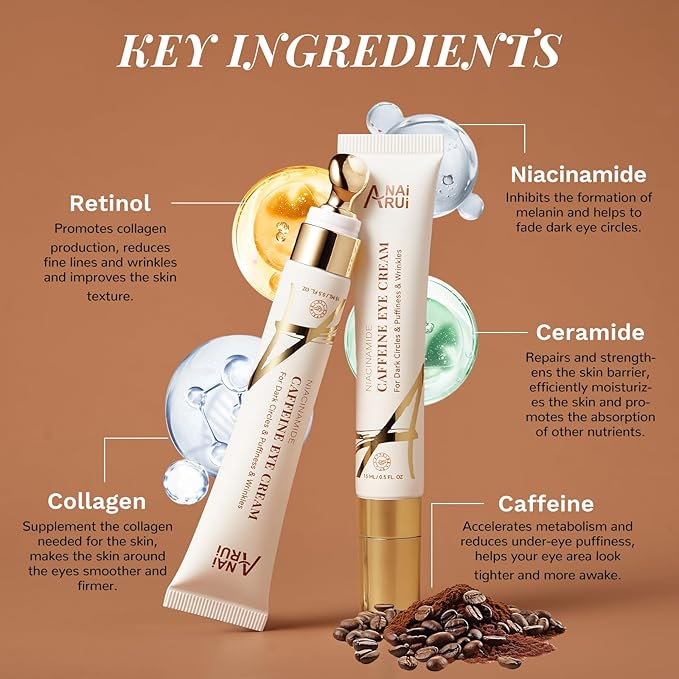 ANAI RUI Caffeine Eye Cream, Niacinamide Eye Cream for Dark Circles and Puffiness, Anti Aging & Friming Eye Cream with Eye Roller, Caffeine Under Eye Cream for Puffy Eyes, Bag Treatment 0.5 FL.OZ-Velvo Beauty