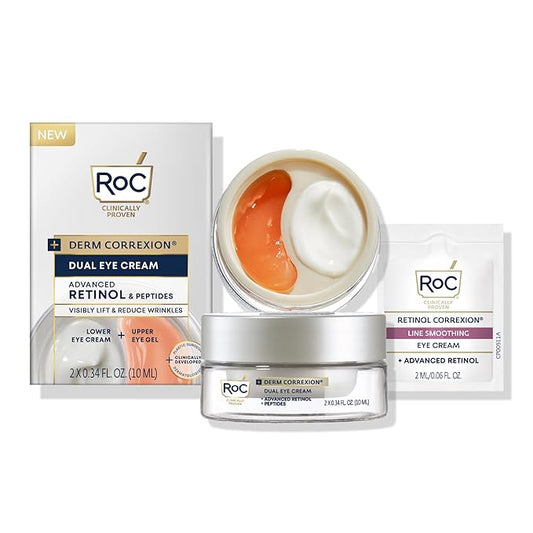 RoC Derm Correxion Dual Eye Cream with Advanced Retinol + Peptides for Puffy Eyes and Dark Circles, (.68 oz) with Retinol Under Eye Cream Packette-Velvo Beauty
