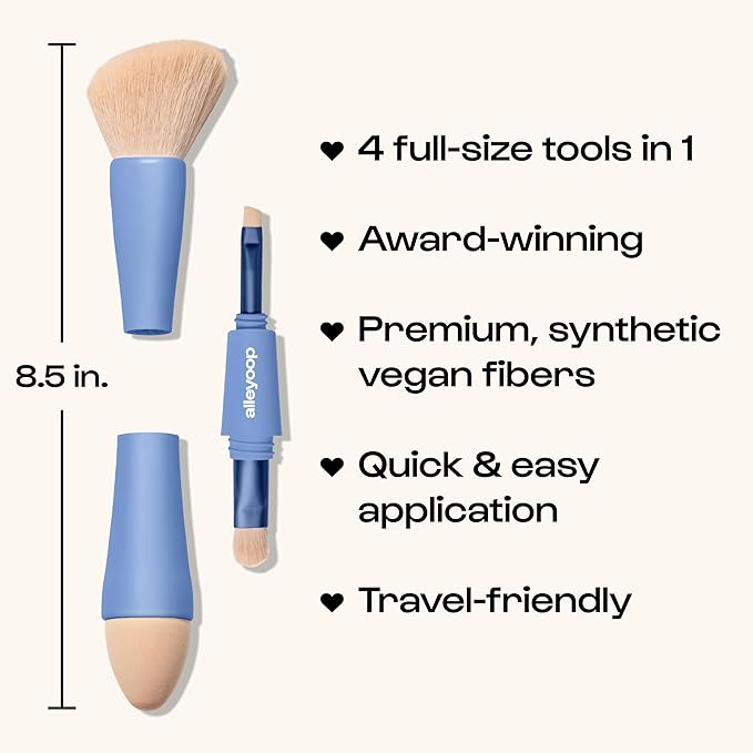 Alleyoop Multi-Tasker 4-in-1 Travel Makeup Brush Set – Compact Makeup Brushes with Blending Sponge, Eyeshadow, Eyebrow & Liner, Blush & Bronzer Brush – Mini Makeup Tools Kit for Women, Vegan-Velvo Beauty