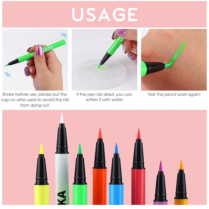 BOBISUKA 8 Colors UV Neon Liquid Eyeliner Set, Matte Colored Eyeliners Pen, Colorful Waterproof Smudge-proof Pigmented Graphic Liners, Delineadores de Colores Para Ojos Eye Makeup Gift Kit-Velvo Beauty