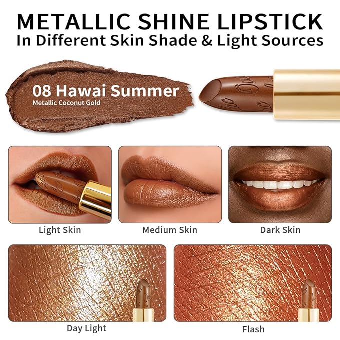Oulac Dark Brown Lipstick for Women with Metallic 3D Shine Lightweight Hydrating Formula, High Impact Lip Color, Vegan Beauty, Full Coverage Lip Makeup, Christmas Gifts for Women, Hawaii Summer(08)-Velvo Beauty