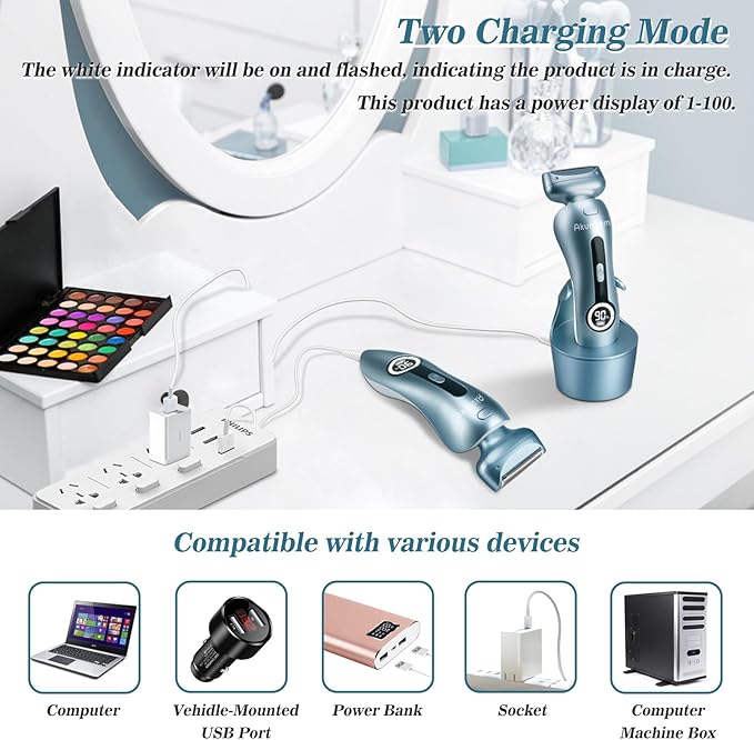 Electric Razors for Women for Legs Bikini Trimmer Electric Shaver for Women Underarm Public Hairs Rechargeable Womens Shaver Wet Dry Use Painless Cordless with Detachable Head (Blue)-Velvo Beauty