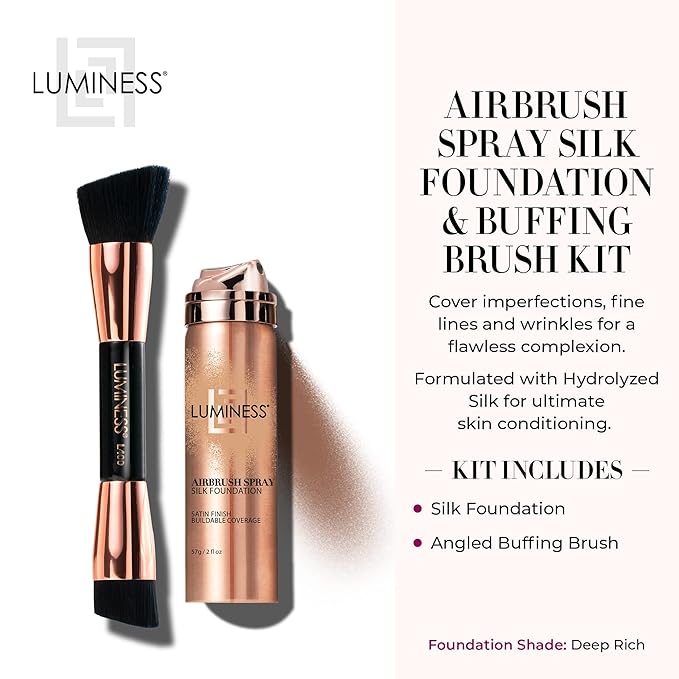 LUMINESS Silk Airbrush Spray Foundation & Buffing Brush Kit – Full Coverage Foundation & Dual-Sided Buffing Brush - Buildable Coverage, Anti-Aging Formula Hydrates & Moisturizes (Shade - Deep Rich)-Velvo Beauty