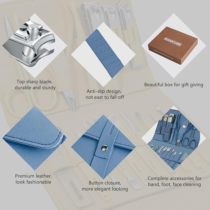 Manicure Set Professional Nail Clippers Pedicure Kit, 16 pcs Stainless Steel Nail Care Tools Grooming Kit with Luxurious Travel Leather Case for Thick Nails Men Women Gift (Blue)-Velvo Beauty
