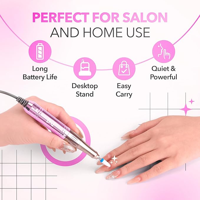 M Mase- Professional Nail Drill Machine - Coreless 2-in-1 Nail File - Electric, Cordless, 35000 RPM, HD Display - Electric Nail Drill for Professional & Home Use (Unicorn Pink)-Velvo Beauty
