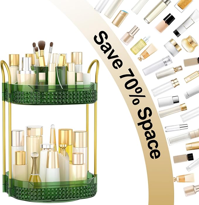 360° Rotating Makeup Organizer 2 Tier, Large Skincare Clear Make Up Storage Spinning Perfume Organizers for Bathroom Counter Dresser, Green-Velvo Beauty
