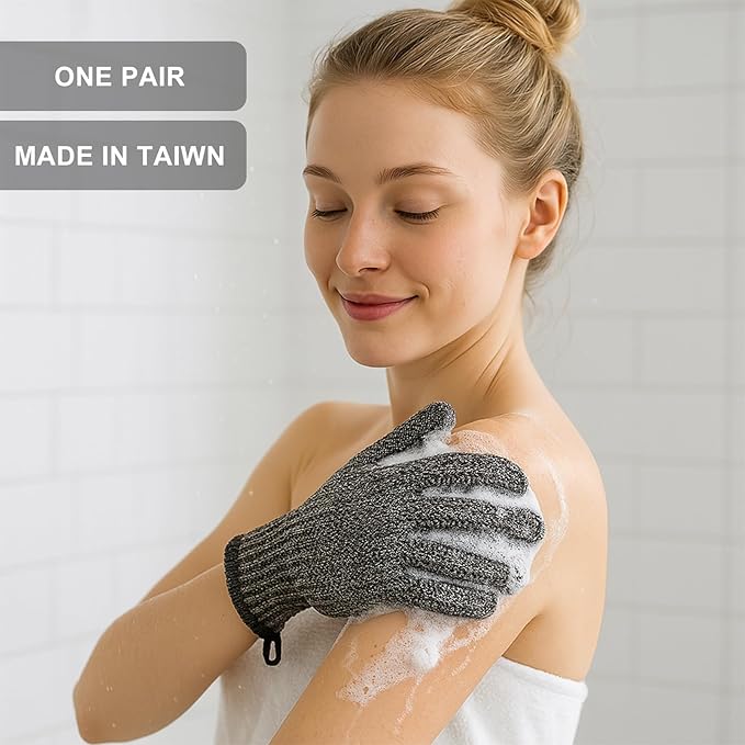 Exfoliating Gloves with Hanging Loop - 1 Pair Bamboo Charcoal Bath/Shower Gloves, Bath Gloves for Shower Exfoliating and Ingrown Hair/Dead Skin Remover - Bamboo Charcoal - Exfoliator Mitt Scrub Gloves-Velvo Beauty