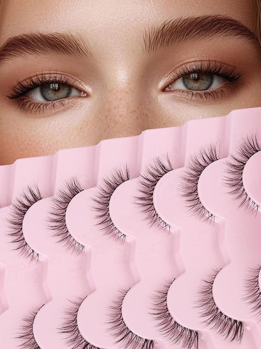 Cat Eyelashes Natural Eye Lashes 12mm False Lashes Wispy Thin Band 3D Volume Fake Eyelash C Curl Lash Pack Natural Look 7 Pair-Velvo Beauty