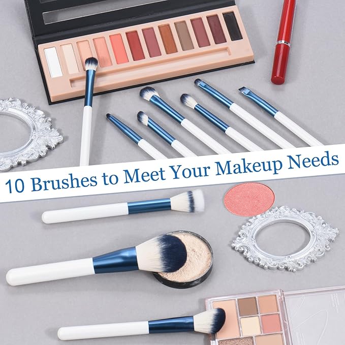 Makeup Brushes Set With Case 10Pcs White Makeup Brush Kit Foundation Eyeshadow Powder Blending Kabuki Eyebrow Eyelash Brushes Cosmetic Brush Travel Kit Gift (White+Blue)-Velvo Beauty