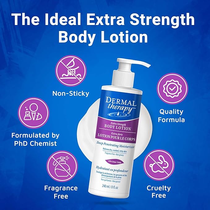 Dermal Therapy Extra Strength 5% AHA 10% Urea Body Lotion - Healing for Extremely Dry, Cracked Skin - Fragrance-Free - Sensitive Skin, Diabetes & Medication-Induced Dryness - 8 fl oz / 240 ml-Velvo Beauty