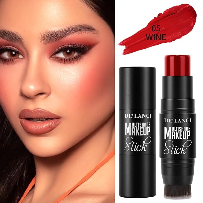 Matte Blush Stick with Built in Brush for Cheeks Summer,Ultra Pigmented Color Pop Makeup Dark Red Blush for Cheeks/Lip/Eyes,DE’LANCI Makeup Gifts for Women/Girl,Travel Size Cute Blush,Cruelty-Free #5-Velvo Beauty