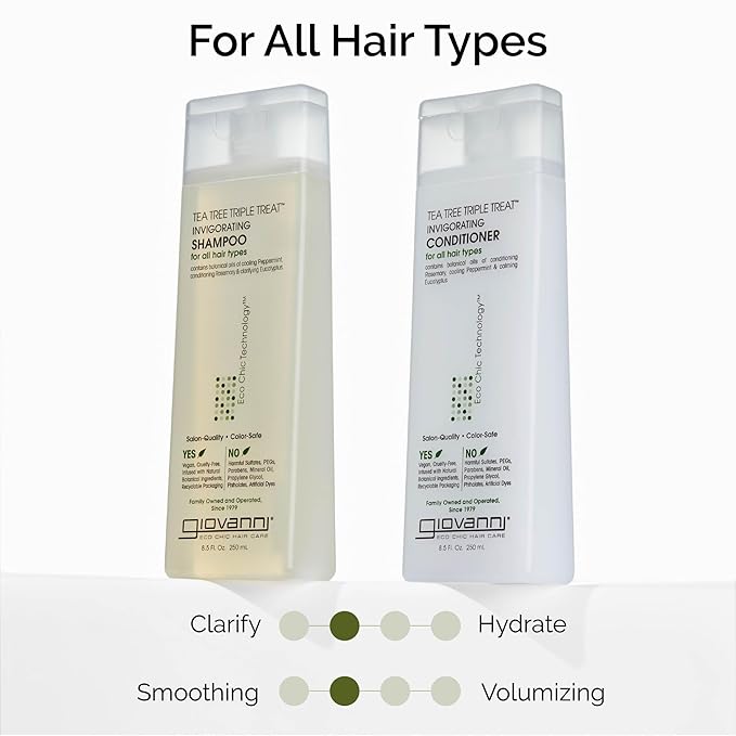 GIOVANNI Tea Tree Triple Treat Invigorating Shampoo & Conditioner Set - Cooling Peppermint, Eucalyptus, Rosemary, Helps Dry, Flaky Scalp, Salon Quality, Vegan, Cruelty Free, Paraben Free - 24 oz Each-Velvo Beauty