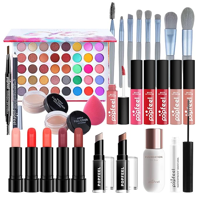 Makeup Kit for Women Full Kit, with Professional Make Up Bag Eyeshadow Red Lipstick, Powder Brush, Concealer, Glitter Lip Gloss, Waterproof Mascara, Eyebrow Pencil, Birthday Gift for Mom Sister-Velvo Beauty