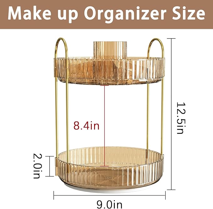 Rotating Makeup Organizer for Vanity, High-Capacity Skincare Clear Make Up Storage Perfume Organizers Cosmetic Dresser Organizer Countertop 360 Spinning (Gold, New-2 Tier)-Velvo Beauty