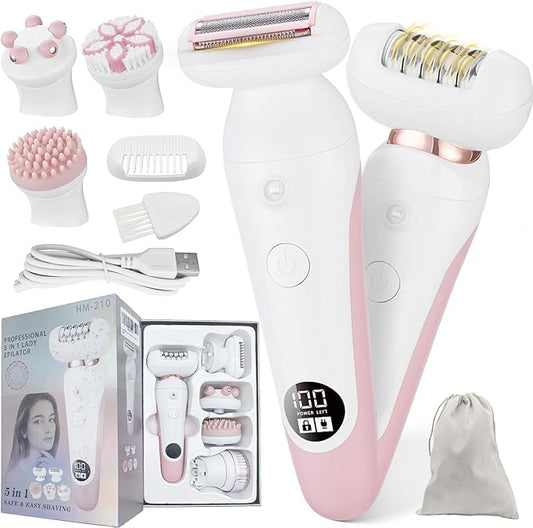 5 in 1 Electric Shaver for Women,Epilators Hair Removal for Women's Body, Electric Razor for Women Legs Public Area Bikini Trimmer, Face Scrubber, Facial Cleaning Brush Dry Wet Gift Set (Pink)-Velvo Beauty