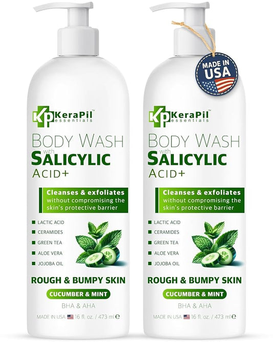 Exfoliating Body Wash with Salicylic Acid - No Dry Out, Gentle Exfoliates Rough and Bumpy Skin, Body Acne Wash, BHA & AHA - Cucumber and Mint Salicylic Acid Body Wash - (16 fl oz x 2)-Velvo Beauty