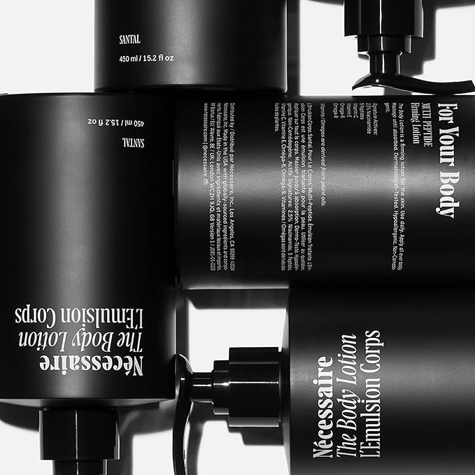 Nécessaire The Body Lotion with Pump. Santal. Multi-Peptide Firming Lotion to Moisturize, Firm, Strengthen. 2.5% Niacinamide, Vitamin C/E + Omega 6/9. 450ml / 15.2 fl oz-Velvo Beauty