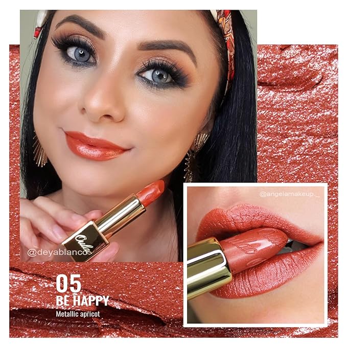 Oulac Coral Orange Lipstick for Women with Metallic 3D Shine Lightweight Hydrating Formula, High Impact Lip Color, Vegan Beauty, Full Coverage Lip Makeup, Christmas Gifts for Women, Be Happy(05)-Velvo Beauty