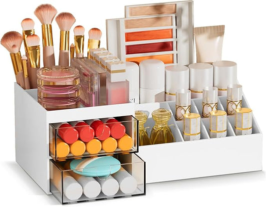 Subsky Makeup Organizer with Drawers, Easy Storage for Beauty Products Brushes, Multifunction Plastic Desk Organizer, Cosmetics Organizer for Countertop Dresser Vanity and Bathroom (White)-Velvo Beauty