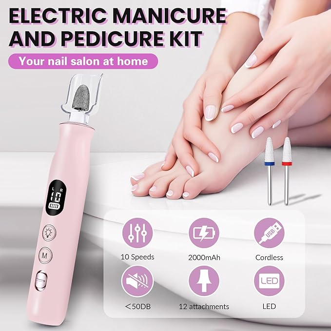 Electric Nail Drill, Cordless 2000 mAh Rechargeable Portable Nail File 12 in 1 Kit for Thick Toenails, 10 Speeds Nail Dril Machine Professional Manicure Pedicure for Hand Natural Nails Care (Pink)-Velvo Beauty