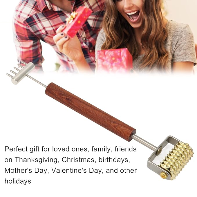 Double Head Design Face Massage Roller, Copper Wooden Handle Promote Circulation Double Head Skin Roller Massage Stick Copper Acupoint Pressing Tool-Velvo Beauty