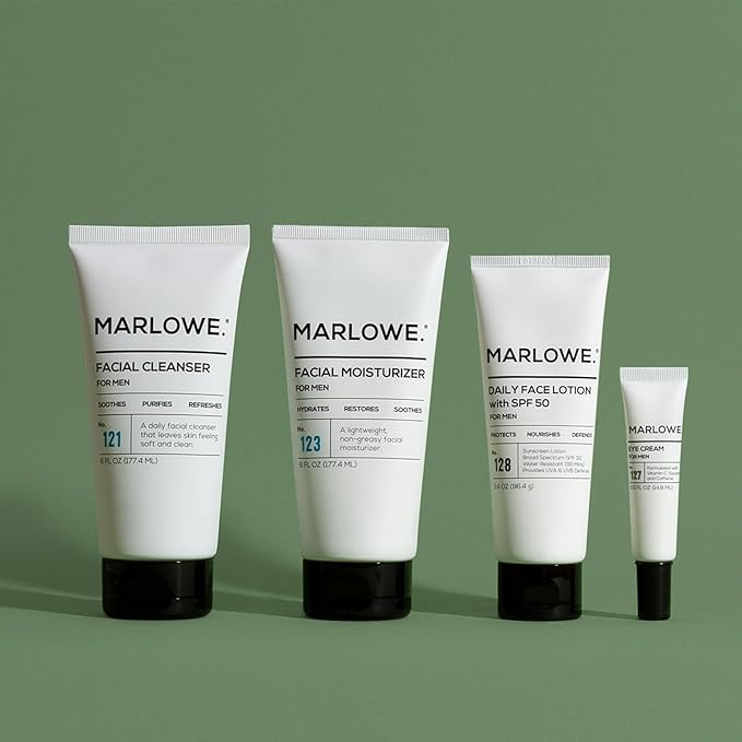 MARLOWE. Mens Skin Care Set, No. 204 Daily Essential Face Kit, No. 121 Facial Cleanser, No. 123 Facial Moisturizer, No. 127 Eye Cream, No. 128 Daily Face Lotion with SPF 50, Great Gift for Men-Velvo Beauty