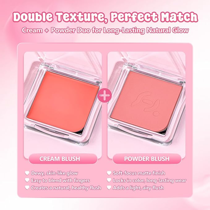 Blush Palette Duo – Cream & Powder Blush Set in Pink, Long-Wearing & Moisturizing, Easy to Blend,Radiant Coverage for Cheeks, Eyes & Lips, Magnetic Makeup Palette Compatible (2-Pack, Coral Kiss)-Velvo Beauty