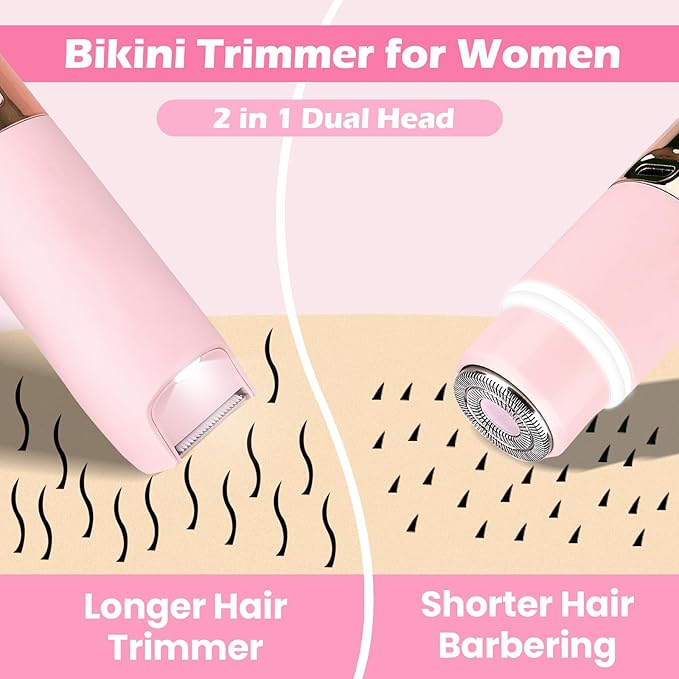 Bikini Trimmer for Women, Glow Aura Womens Shaver, Quiet Dual Head Waterproof Cordless Rechargeable Painless Trimmer for Underarms, Legs, Body (Pink)-Velvo Beauty