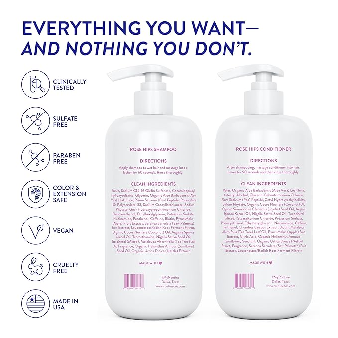 Routine Wellness Shampoo and Conditioner Set and Hair Serum for Thinning Hair - DHT Blocker Women & Men - Color Safe Shampoo for Hair Loss & Healthier Hair - Rose Hips Set + Serum-Velvo Beauty