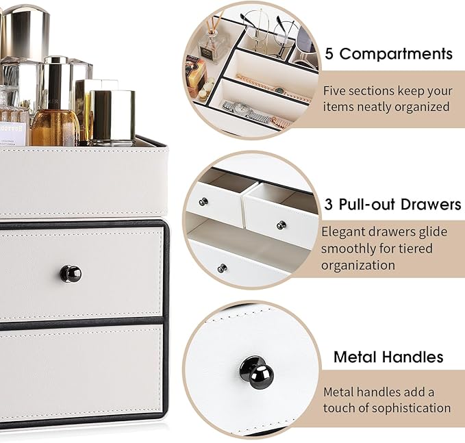 GORESE Leather Makeup Organizer with Drawers for Vanity, Stackable Skincare Holder Dresser Organizer Countertop, Make Up Storage Organizers Counter Cosmetic Display Case Gifts for Women(Cream White)-Velvo Beauty