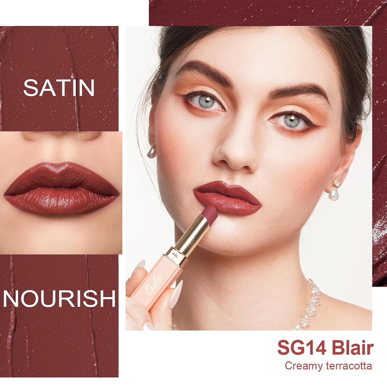 Oulac Color Rich Satin Lipstick - Red Brown Full Coverage Lip Color, Creamy Silky-Smooth, Moisturizing, Satin Matte Finish, Infused With Shea Butter, Vegan & Clean Beauty, 4g, SG14 Blair-Velvo Beauty