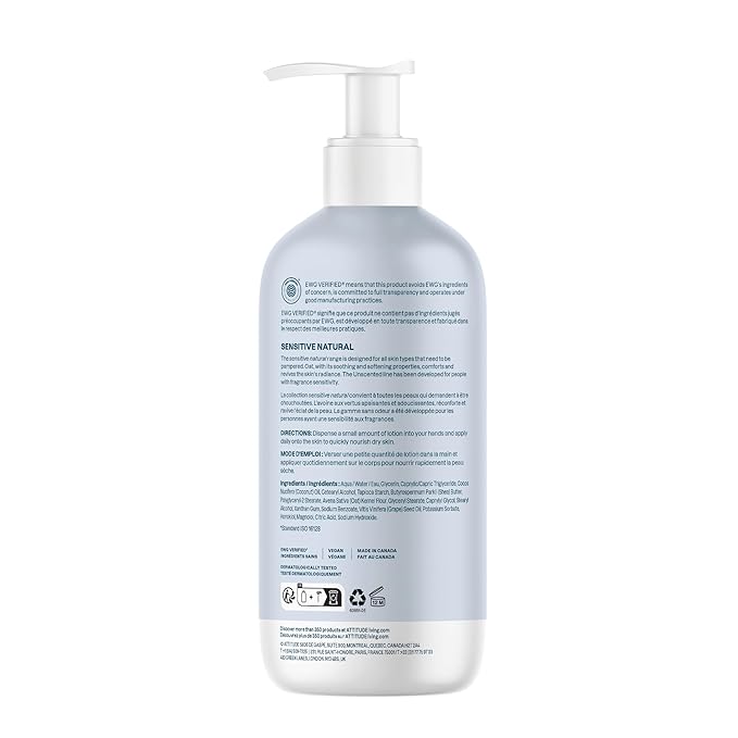 ATTITUDE Body Lotion for Sensitive Skin with Oat, EWG Verified, Dermatologically Tested, Vegan, Extra Gentle, Unscented, 16 Fl Oz-Velvo Beauty
