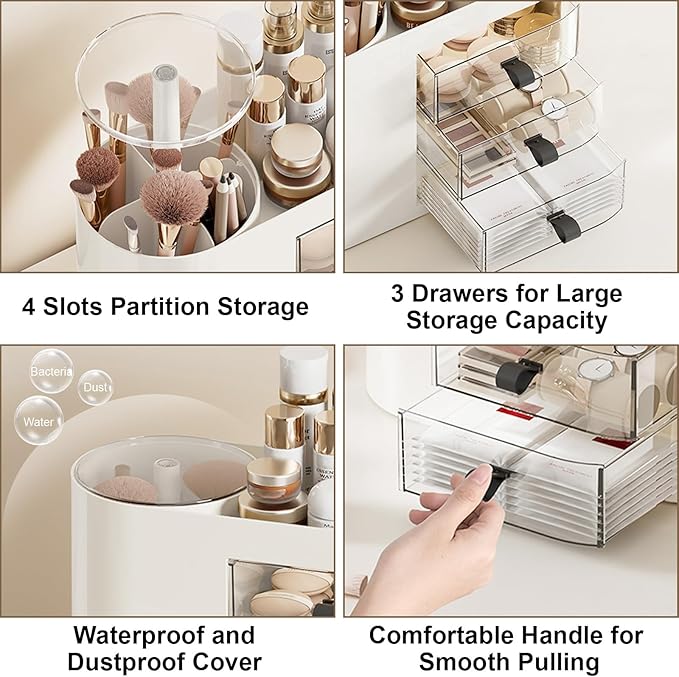 DASITON Makeup Organizer with 3 Drawers,Automatic Lifting Makeup Brush Holder with Lid,Large Capacity Makeup Organizers for Vanity,Bathroom Countertop,Ideal Storage Skin Care,Brushes,Lipstick (White)-Velvo Beauty
