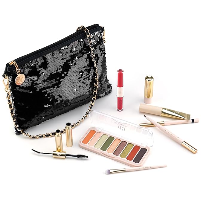 Color Nymph Teen Girls Makeup Kits, All In One Makeup kit For Girls Makeup For Teen Girls with Sequin Bag Packed Individually 9 Colors Eyeshadow Liquid Blush Lip gloss Mascara -Orange Green-Velvo Beauty