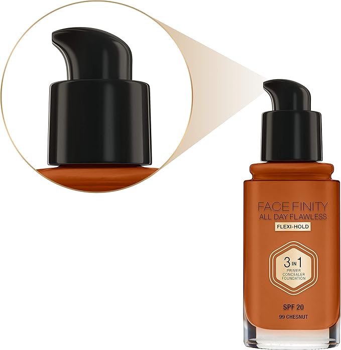 Max Factor Facefinity 3-in-1 All Day Flawless Liquid Foundation, SPF 20-99 Chestnut, 30 ml-Velvo Beauty