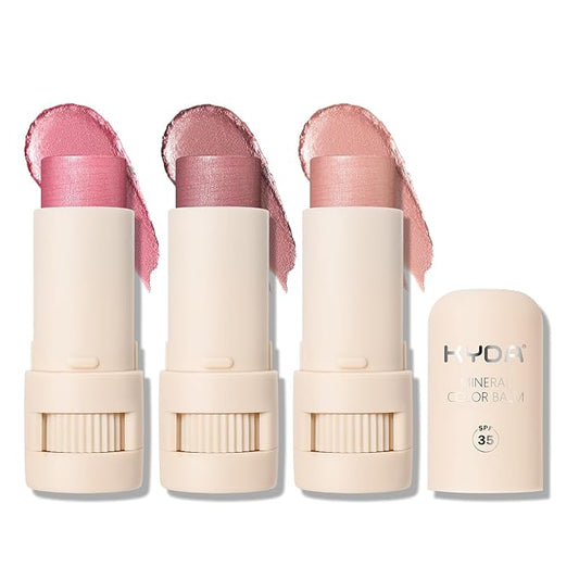 KYDA 3 Colors Mineral Color Balm, Buildable Shimmer Color for Lips and Cheeks, Broad spectrum SPF 35, Natural Shimmer Finish, Lightweight Blendable Creamy, Multiuse Blush Stick, Set A-Velvo Beauty
