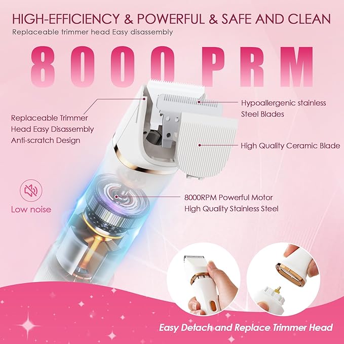 Bikini Trimmer for Women - 5 in 1 Electric Razors for Ladys Pubic Facial Nose Body Leg Hair Removal, Waterproof Electric Shaver for Women Private Area Sensitive Skin, Personal Hair Trimmer-Velvo Beauty