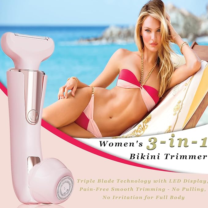 Bikini Trimmer for Women 3 in 1 Body Shaver | No Nick Replaceable Dual Heads | Rechargeable Electric Razors for Pubic Hair with LCD Display | Women's Bikini Area, Face, Legs & Underarms Trimmer-Velvo Beauty