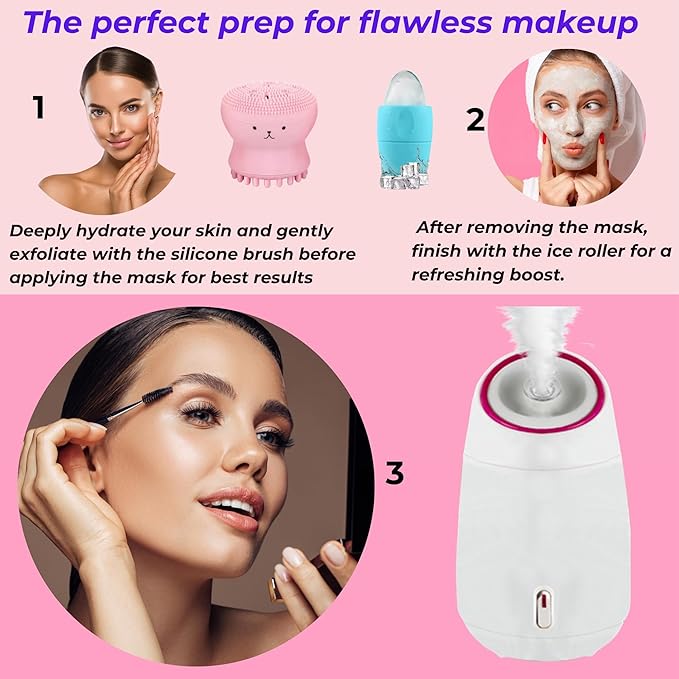 Facial Steamer and Ice Roller – 3-in-1 Nano Ionic Spa Kit for Deep Hydration and Pore Cleansing – Home Facial Care Set,auto Shut Off-Velvo Beauty