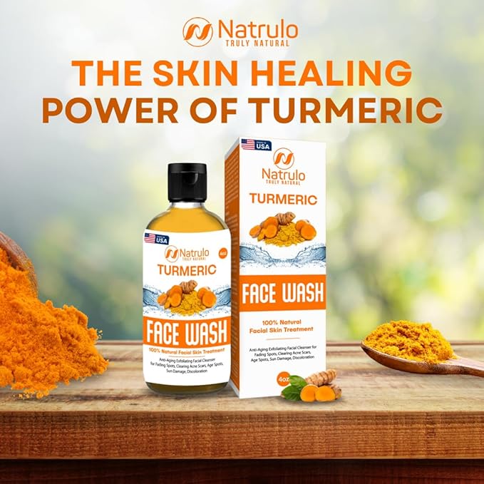 Natrulo Turmeric Face Wash, 4oz Clear Skin Liquid Soap – 100% Natural Anti Aging Exfoliating Turmeric Facial Cleanser for Fading Spots, Clearing Acne Scars, Age Spots, Sun Damage, Discoloration-Velvo Beauty
