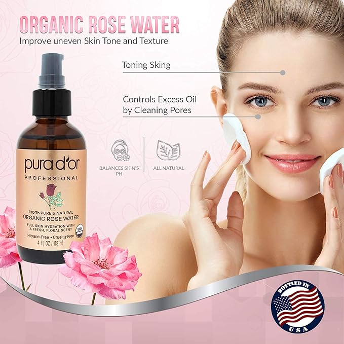 PURA D'OR Organic Rose Water Toner (4oz / 118mL) Eau Fraiche, 100% Pure Full Skin Hydration, Control Excess Oils & Acne - Cleanses & Softens - Promotes Healthy Skin Cell - for All Skin Types-Velvo Beauty
