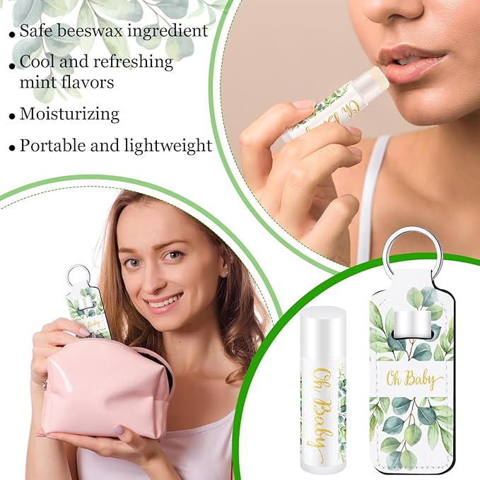 18 Sets Baby Shower Bridal Shower Favors for Guests Bulk Lip Balm and Lipstick Holder Keychains Set Baby Shower Bridal Shower Goodies Bags Thank You Gifts for Guests(Eucalyptus Baby)-Velvo Beauty
