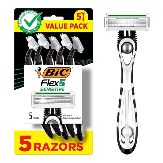 BIC Flex 5 Sensitive Men's Disposable Razors, Perfect for Father's Day, 5-Blade Precision for a Close Shave, 5-Pack-Velvo Beauty
